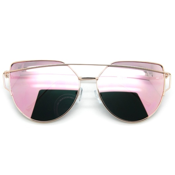 Oversized Cat Eye Sunglasses Flat Lens Pink Gold - Picture 2 of 3